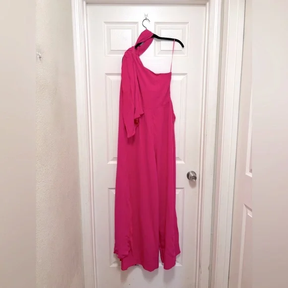 NWT REISS One-Shoulder Drape Wide-Leg Jumpsuit in Raspberry Pink - Picture 6 of 9